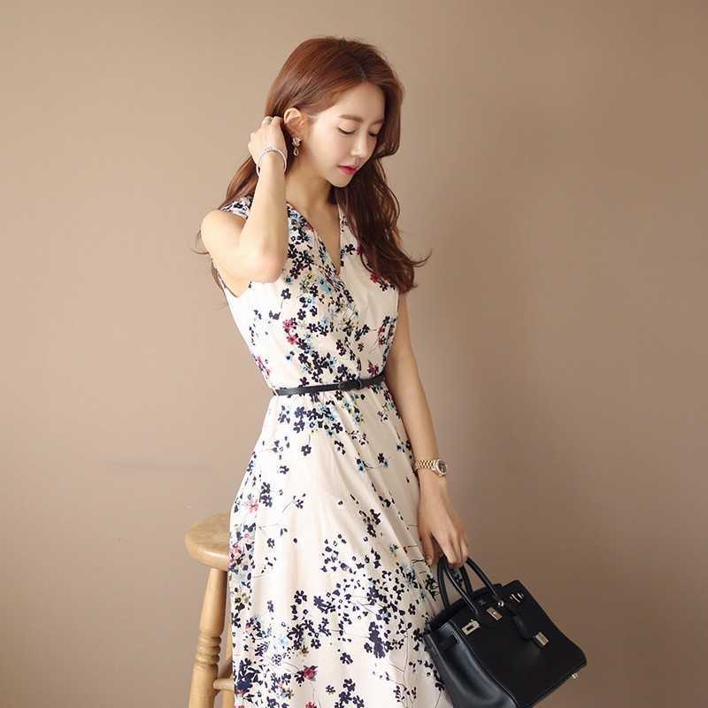 Floral Print Summer Dress Women Sleeveless V Neck Tunic Belted A Line Party Casual Ladies Work Daily Wear Midi Robe 210603