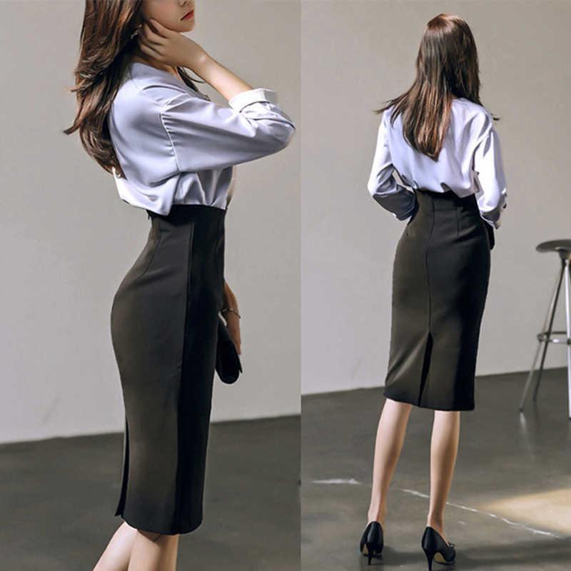 Elegant Ladies Office Pencil Skirt Autumn Black High Waist Knee Length Back Slit Women's Business Work 210603