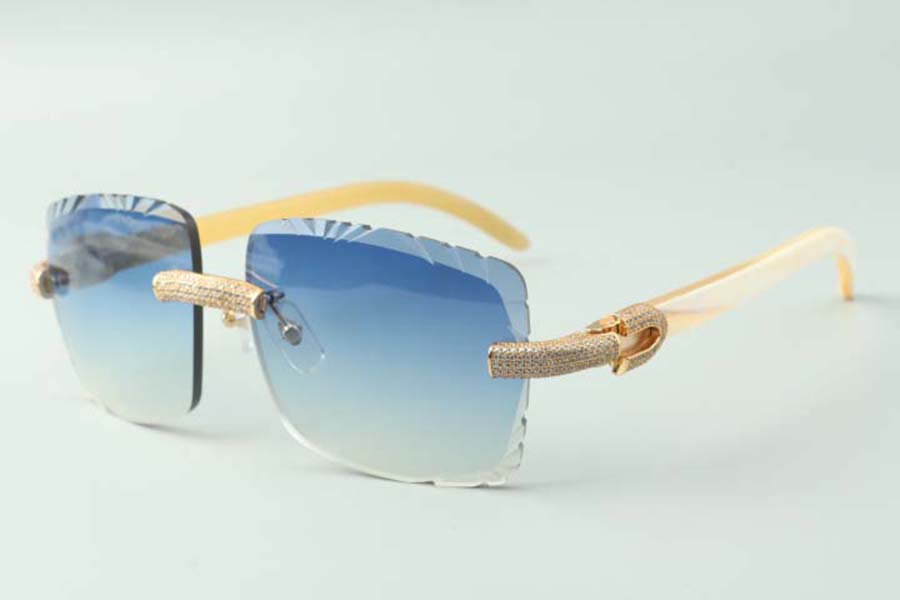 2021 cutting lens micro-paved dias sunglasses 3524020, natural white buffalo horns temples glasses, size: 58-18-140mm