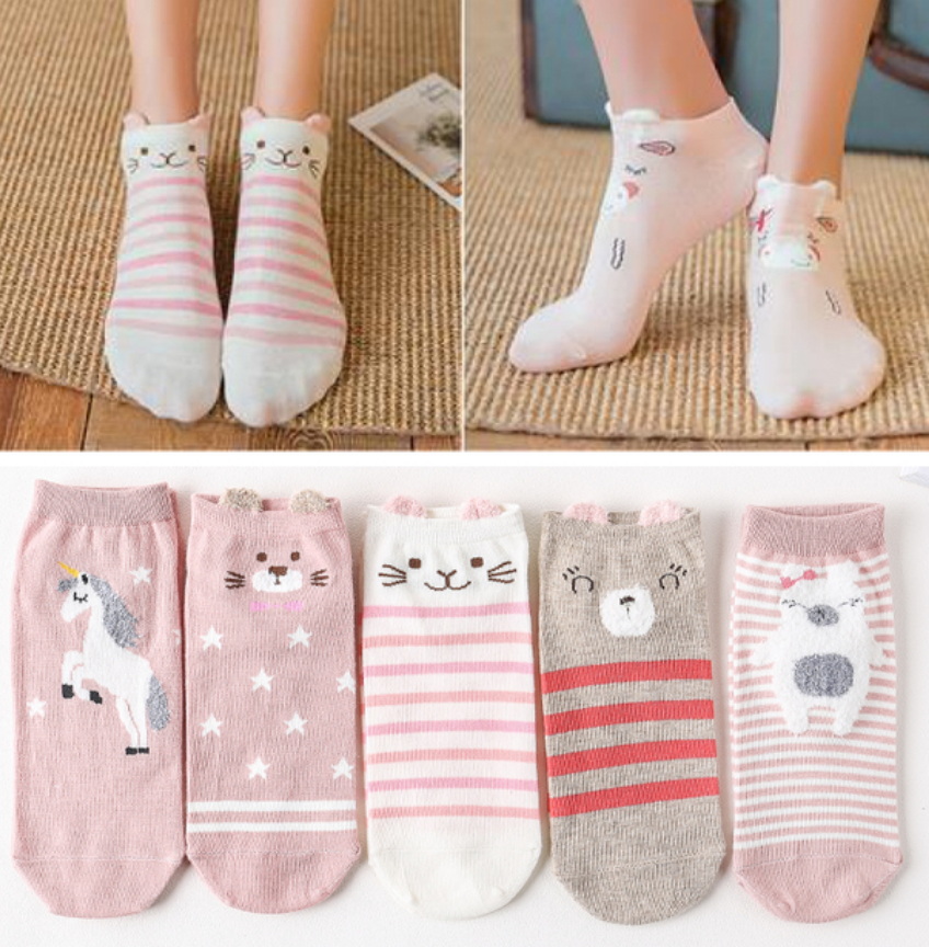 5Pairs/Lot Cheap Fashion Women Socks Funny Cotton Color Cartoon Duck Cat Bear Avocado Cute Happy Casual Soft Girls Short Socks