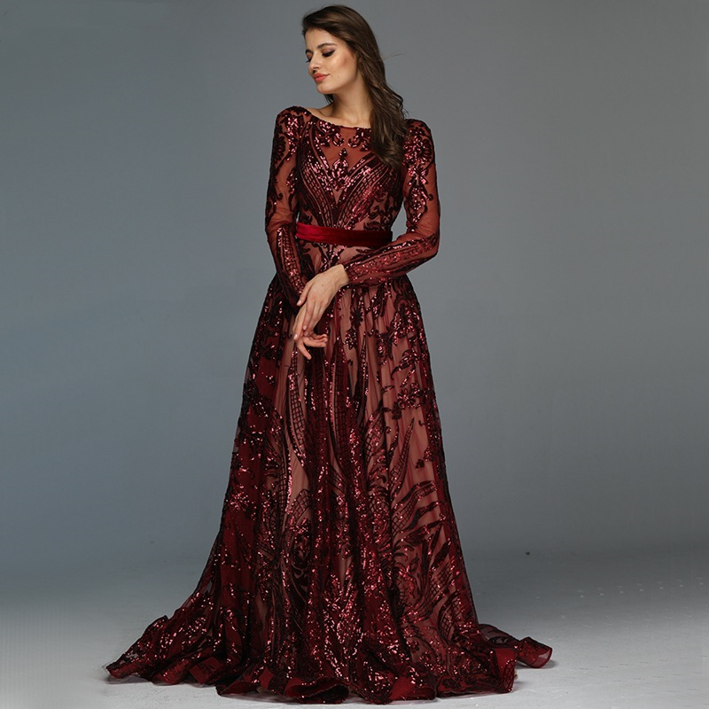 Bury Glitter Sequined Evening Dresses A Line Arabic Dubai Moroccan Kaftan Women Formal Party Gowns Long Sleeves Prom Dress Special Ocn
