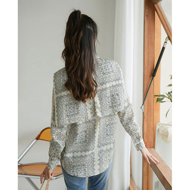 Vintage Rayon Long Sleeve Blouse Fall Women Floral Print Button Up Collar Shirt Shoulderette European Clothing 210427