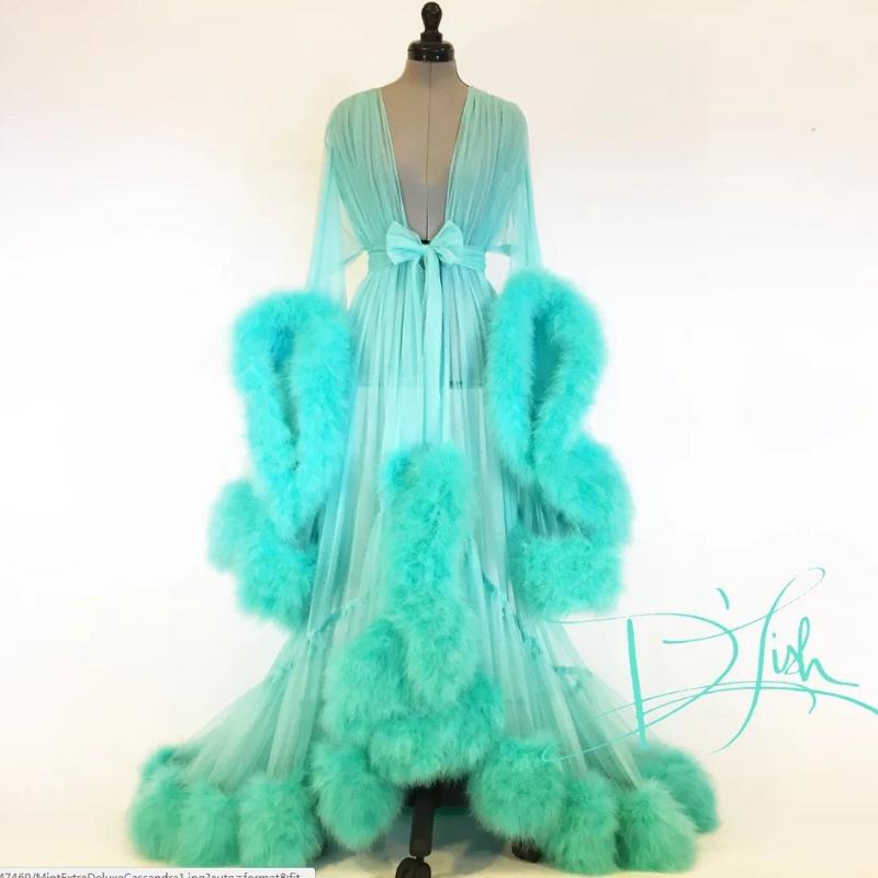 Casual Dresses Women Sexy Mesh See Through Flare Sleeve Tailing Dress Feather Bridal Robe Ball Gown Night Elegant Prom Evening Party