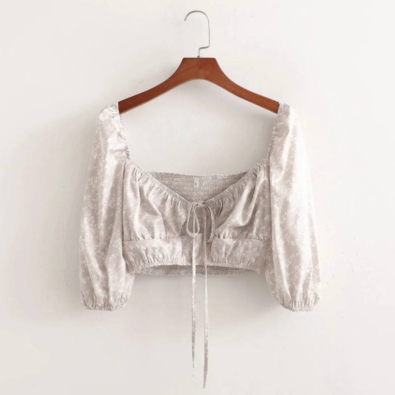 Summer Women Hollow Lace Up Printed Short Blouse Female Lantern Sleeve Shirt Casual Lady Slim Crop Tops Blusas S8968 210430
