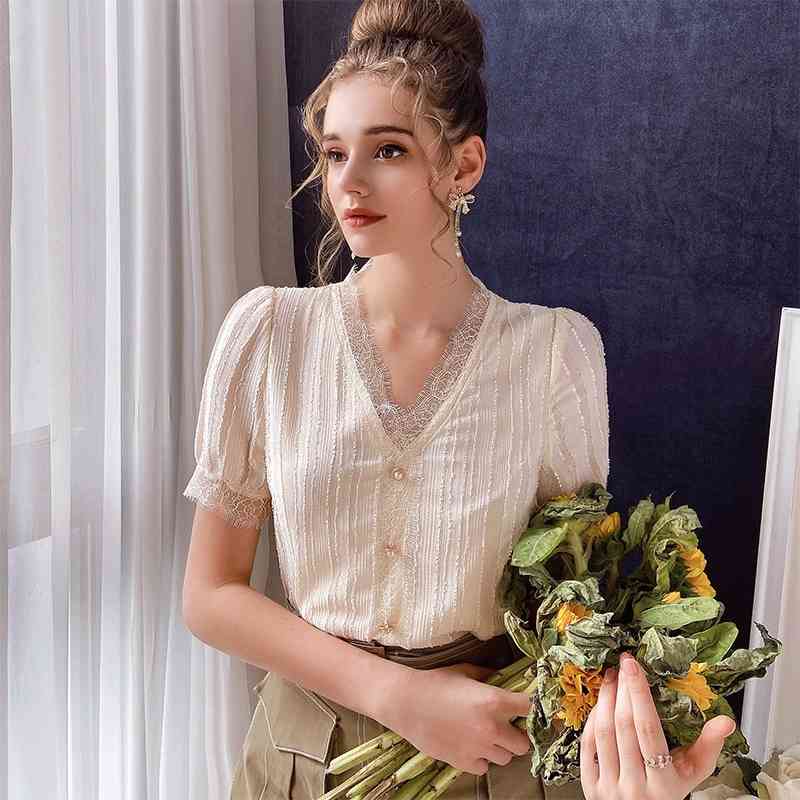 Dabuwawa Exclusive Casual Lace V-Neck Blouse Spring Summer Short Sleeve Ruffled Elegant Women's Shirt Tops Fashion DO1BCF002 210520