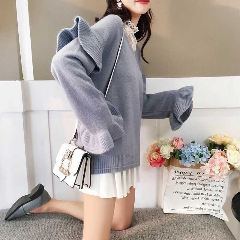 H.SA Women Korean Oversized Sweater and Pullovers V neck Ruffles Butterfly Sleeve Harajuku Chic Sweater Jumpers casaco feminino 210716