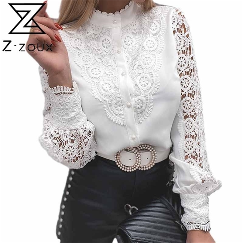 Women Blouse White Lace Top Fashion Shirts Stand Collar Lantern Sleeve Hollow Out Ladies Tops Plus Size Spring 210513