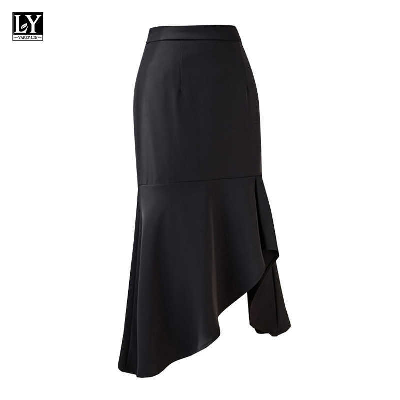 LY VAREY LIN Summer Women Casual Ruffles Asymmetrical Ladies Skirt High Waist Solid Color Black Knee-length Female Skirts 210526