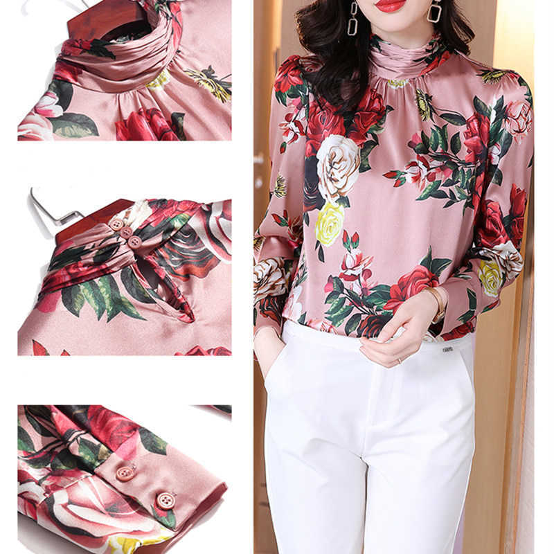 Korean Silk Blouse Women Satin Print s Shirts Long Sleeve Tops Plus Size Woman Shirt s 210604
