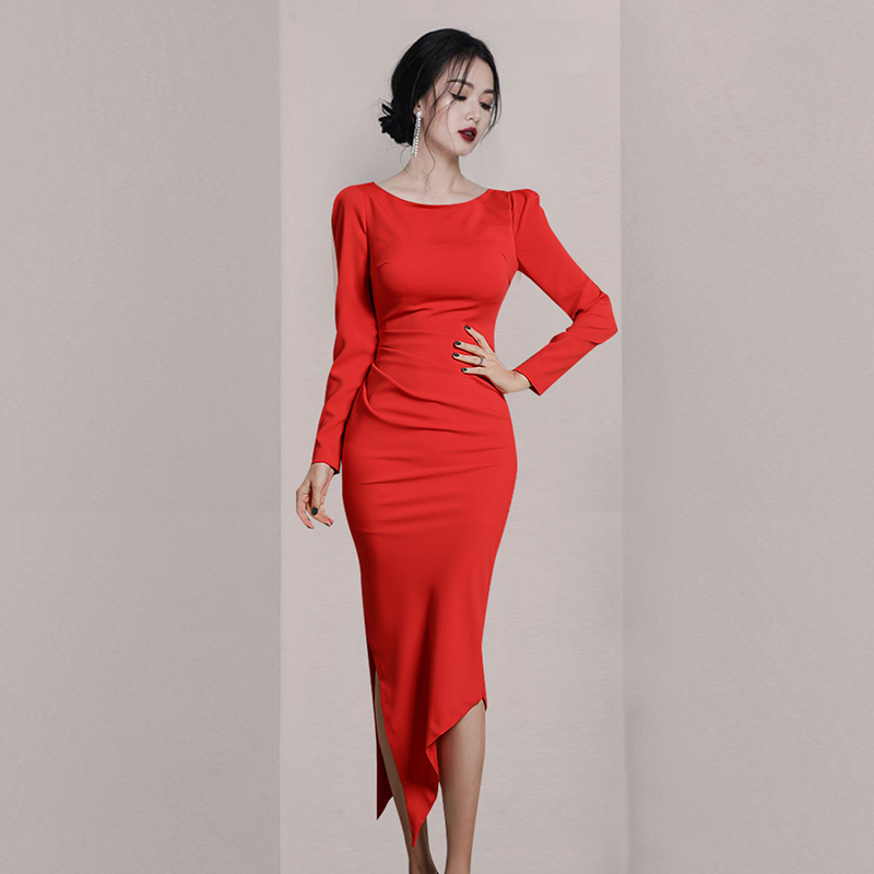 Lucyever Elegant Dress for Party Womens Empire Irregular Split Dresses Woman Autumn Korean Slim Mid-calf Red Dress Femme 210521