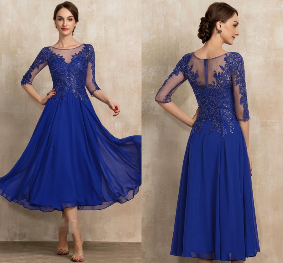 Elegant Royal Blue Tea-Length Chiffon Lace Mother of the Bride Dress Sequins A-line Bridal Party Gown Customed Robe De Soiree