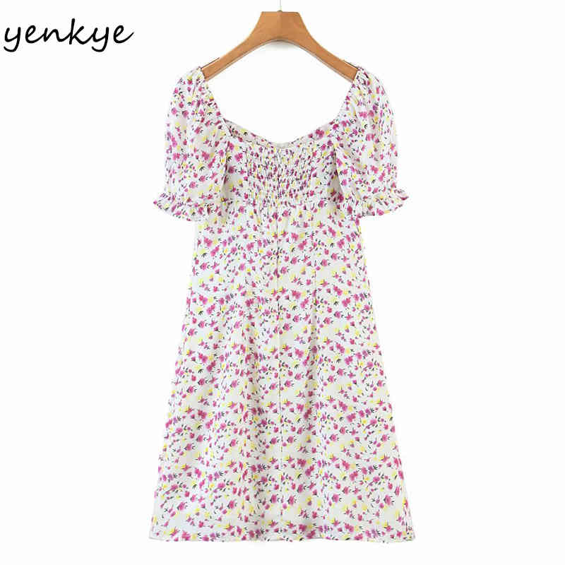 Vintage Prairie Chic Floral Print Dress Women Sexy Square Neck Short Sleeve Holiday Summer Female A-line Mini Robe 210430
