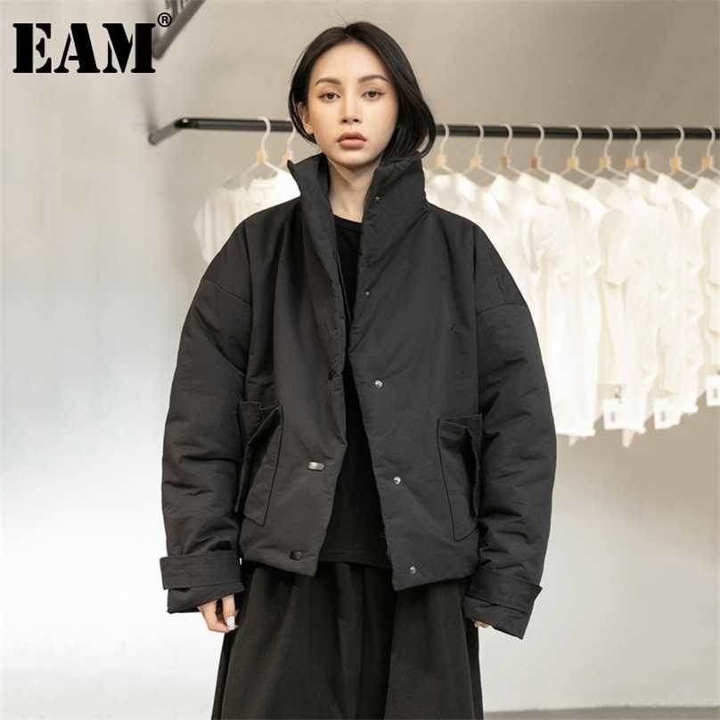 [EAM] Black Warm Short Stand Collar Cotton-padded Coat Long Sleeve Loose Fit Women Parkas Fashion Autumn Winter 1DD1637 211013
