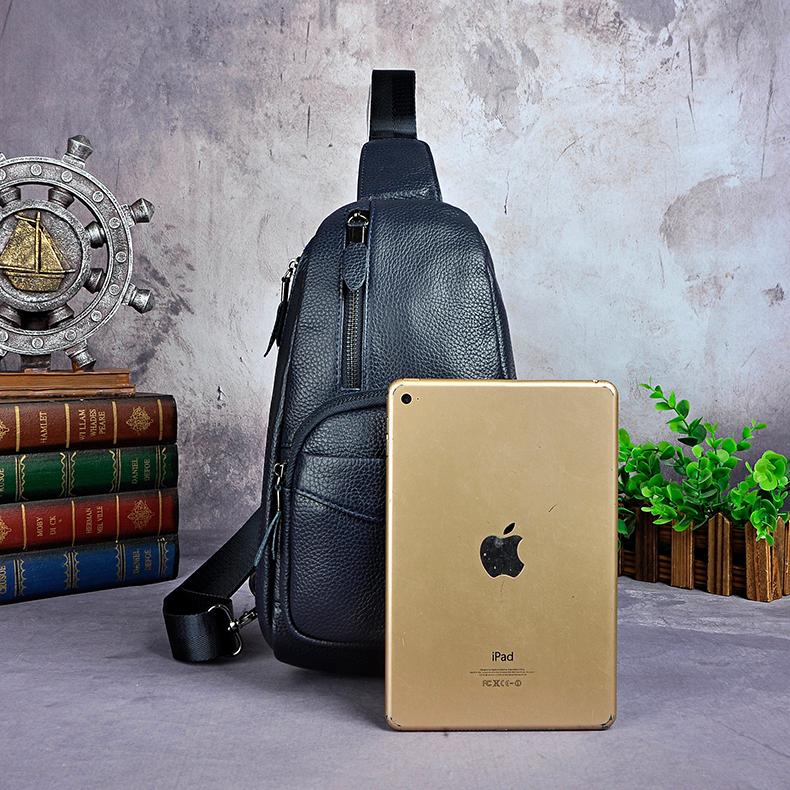 Waist Bags Crazy Horse Leather Men Casual Blue Travel Triangle Chest Sling Bag Design 8" Tablet One Shoulder Strap Daypack Male 8012