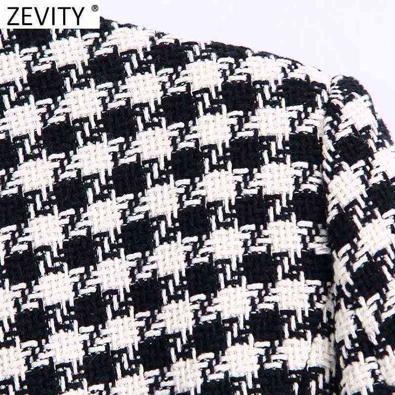 Zevity Women Vintage Houndstooth Plaid Print Open Stitching Tweed Woolen Coat Female Chic Outwear Slim Jackets Tops CT781 211104