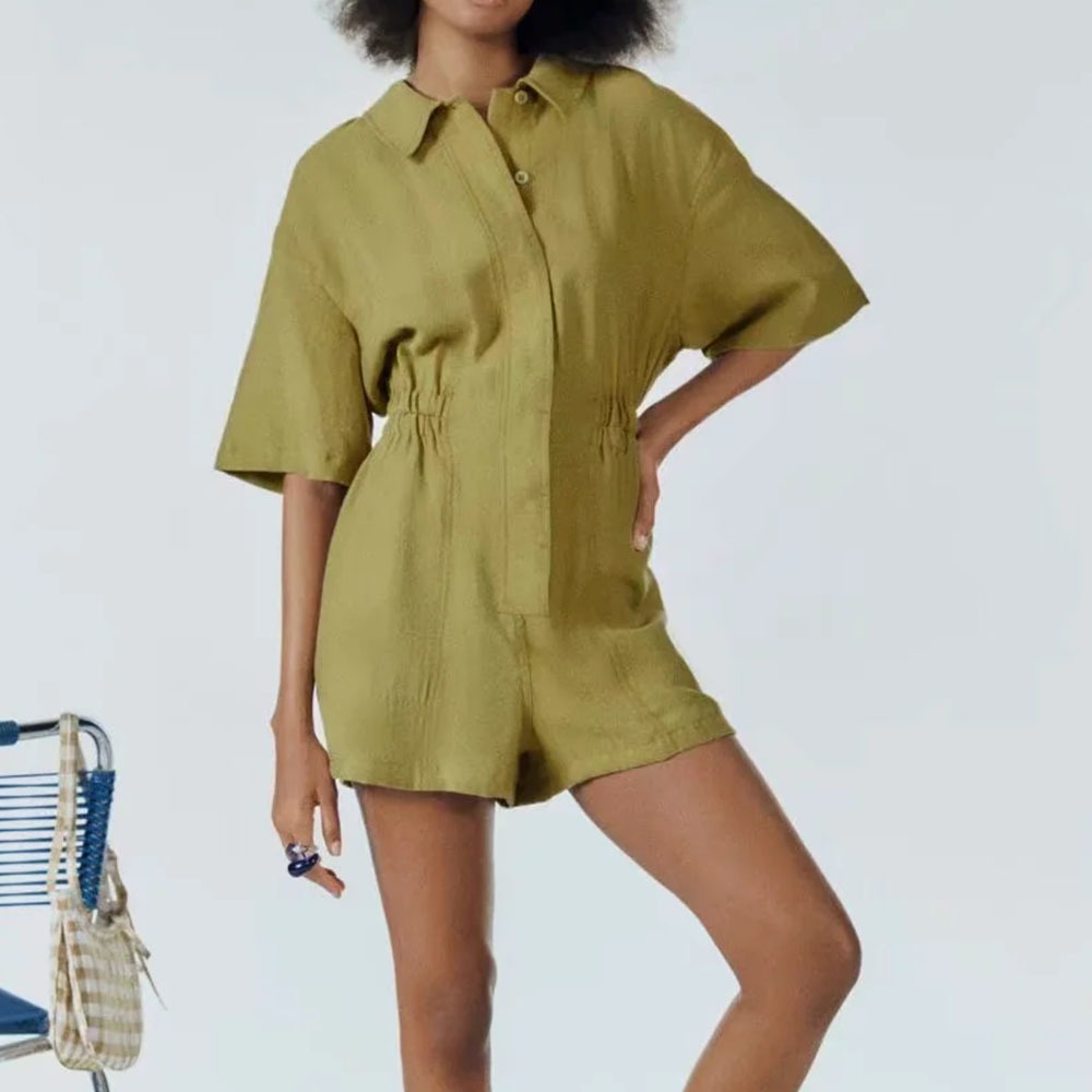 BBWM Women Vintage Turn Down Collar Short Sleeve Shirt Playsuits Femme Chic Elastic Waist Casual Slim Vestido 210520