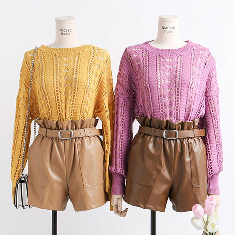 Elastic High Waist Loose PU Leather Shorts Women England Style Sashes Wide Leg Short Ladies Sexy Autumn Winter 210714