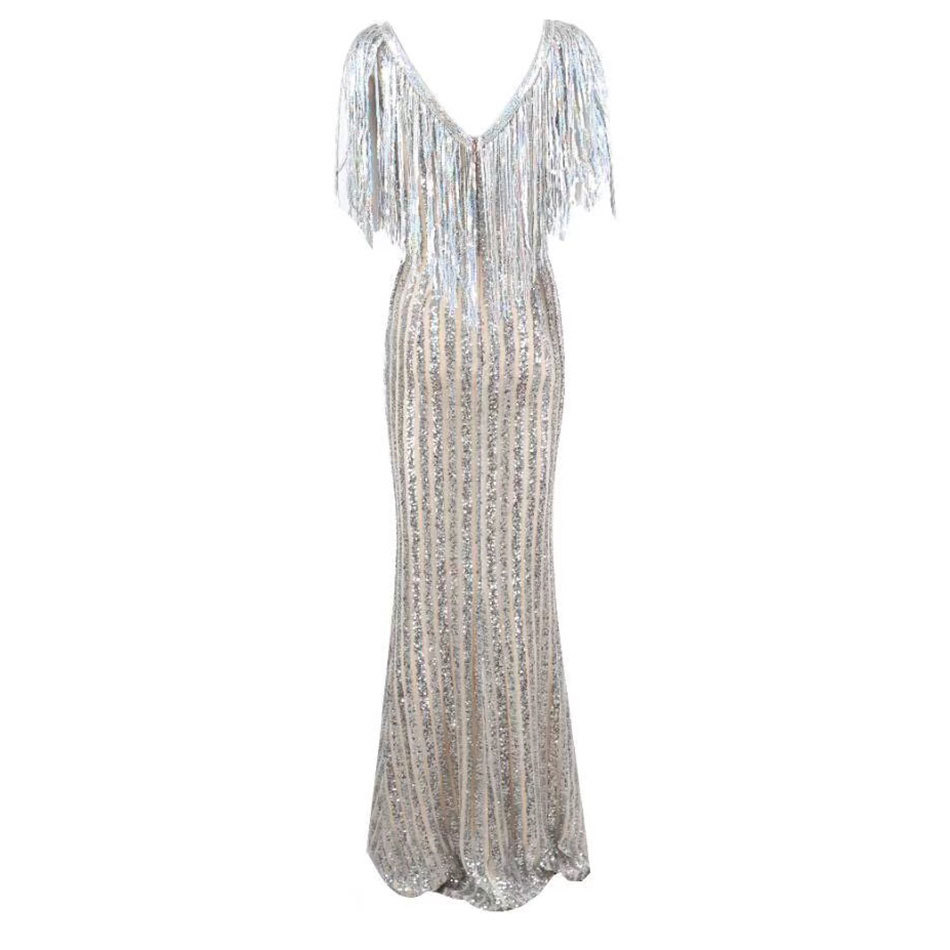 Free Autumn Women's Maxi Dress Sexy V-neck Tassel Sequin Bodycon Elegant Club Celebrity Banquet es 210524
