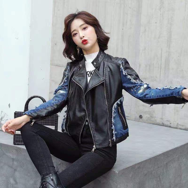 Women Stand Collar Long Sleeve Short Denim Stitching Leather Faux Jacket Coat Vintage Slim Locomotive Chic Female Tops 210507