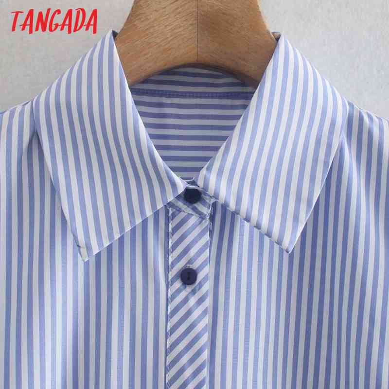 Women Blue Striped Shirts Long Sleeve Turn Down Collar Elegant Office Ladies Work Wear Blouses XN304 210416