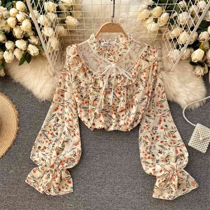 Chiffon Blouse Casual Women's Top Lace-up O-neck Flare Sleeve Floral Print Lace Splicing Sweet Ladies Ruffles 210603, Black 2
Chiffon Blouse Casual Women's Top Lace-up O-neck Flare Sleeve Floral Print Lace Splicing Sweet Ladies Ruffles 210603, Black 2