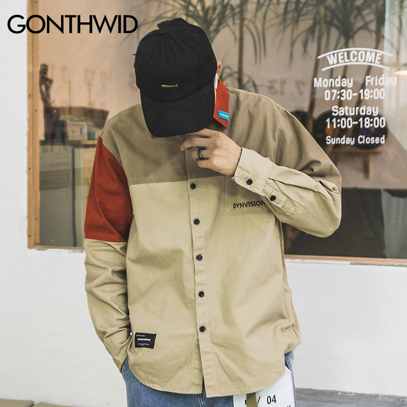 GONTHWID Color Block Patchwork Long Sleeve Dress Shirts Harajuku Casual Button Down Shirt Men Fashion Hip Hop Streetwear Tops 210410