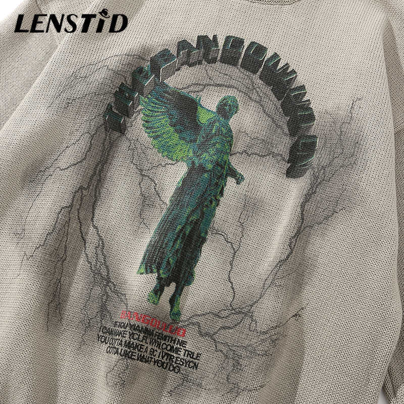 LENSTID Men Hip Hop Knitted Jumper Sweaters Angel Lightning Printed Streetwear Harajuku Autumn Oversize Hipster Casual Pullovers 211008