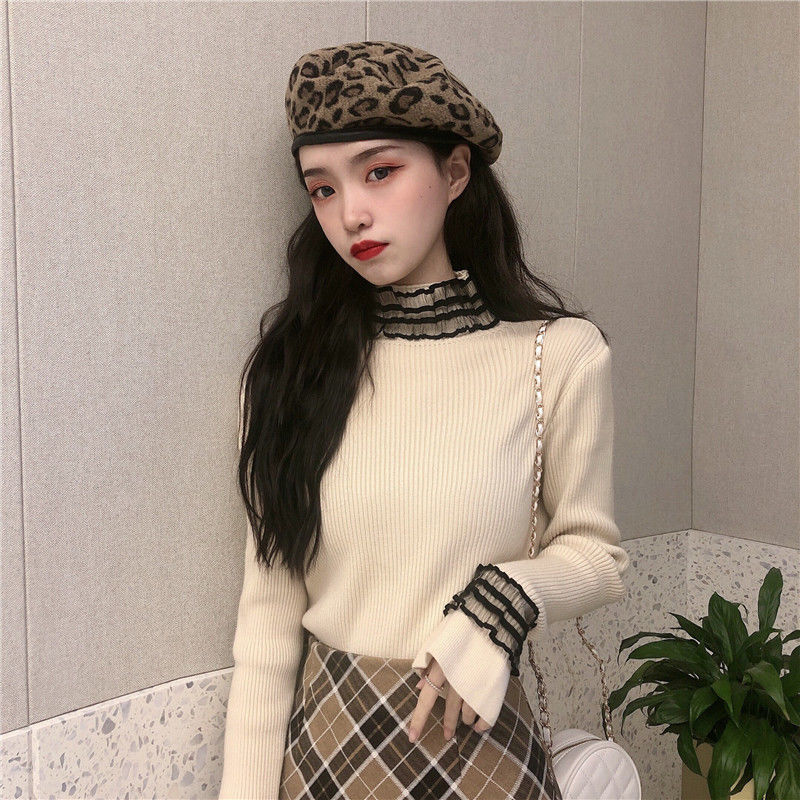 Spring And Autumn Top Korean White Long Sleeve Pullover Sweater Female Slim Western Bottoming 210427