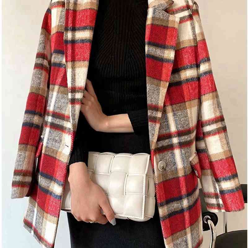 Causal Women Notched Collar Plaid Tweed Blazer Fashion Ladies Pocket Jacket Streetwear Female Chic Singles Button Coat 210430