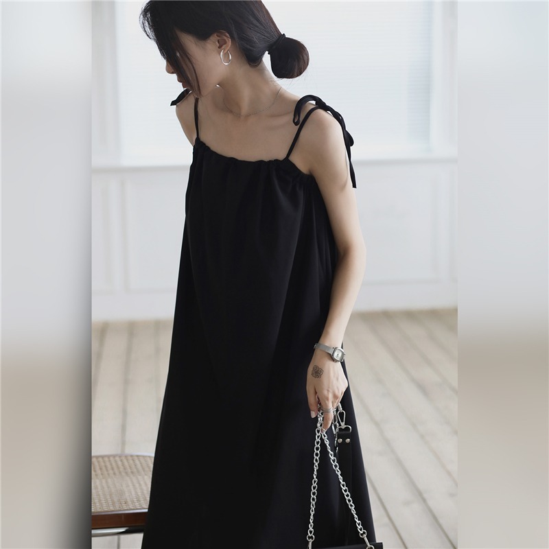 2 colors summer dress korean style soild color loose adjustable spaghetti strap black long dresses womens (B8969) 210423