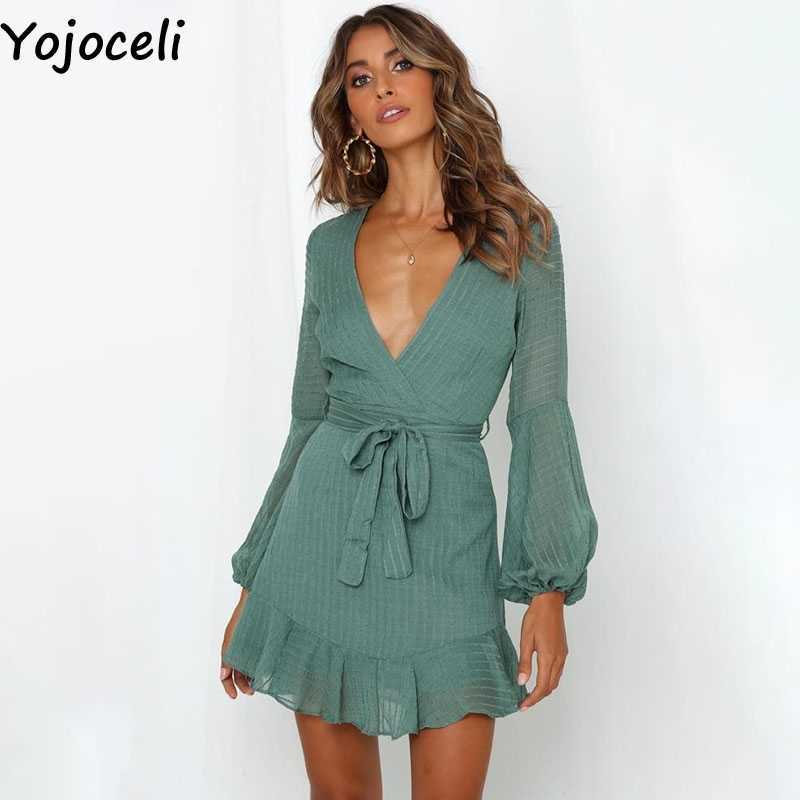 Yojoceli Casual sashes bow ruffle short dres Autumn elegant blue mini beach Elegant daily v neck party 210609