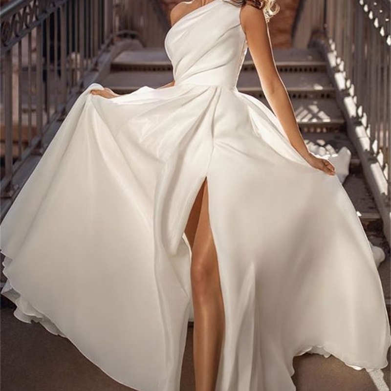 Women Dress Sleeveless Asymmetry White Long Prom Dresses Sexy Plus Size Split Evening Clothes 210513