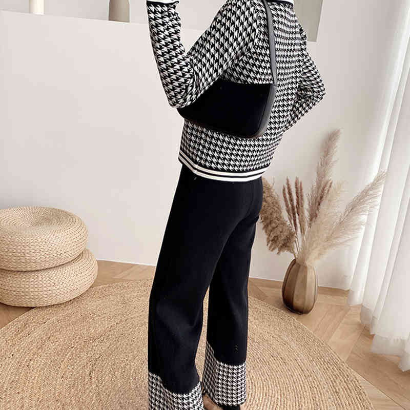 Autumn Fashion Women Long-sleeve Plaid Knitwear Cardigan Tops + Loose Wide-Leg Trousers Casual Knitting Two Piece Set Female 210506