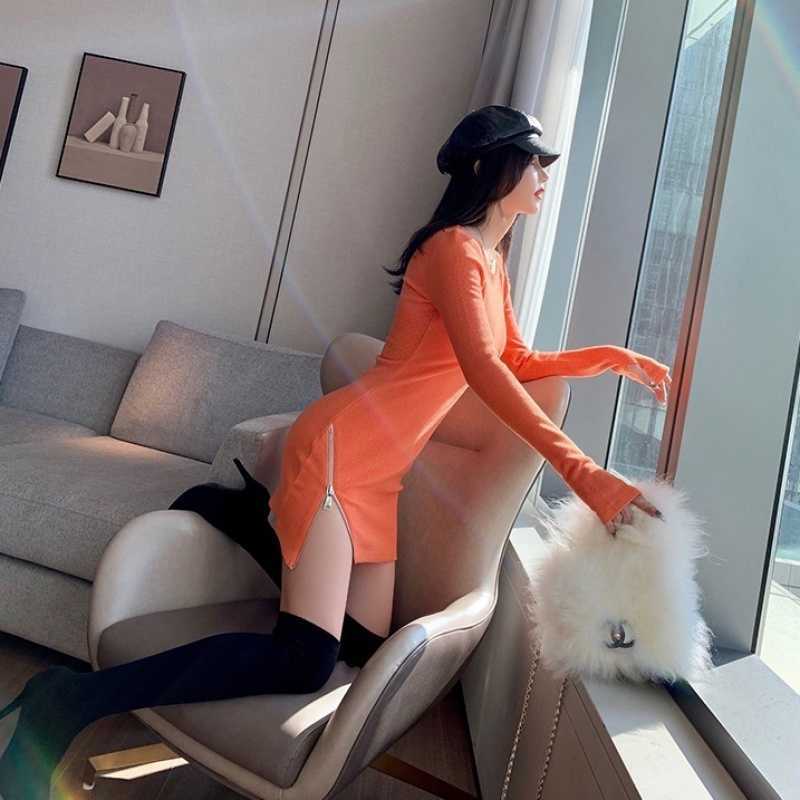 Solid Color Sexy Temperament Long Sleeve Mini Dress Side Zipper Dresses Slim High Waist Orange Korean Women G8PD 210603