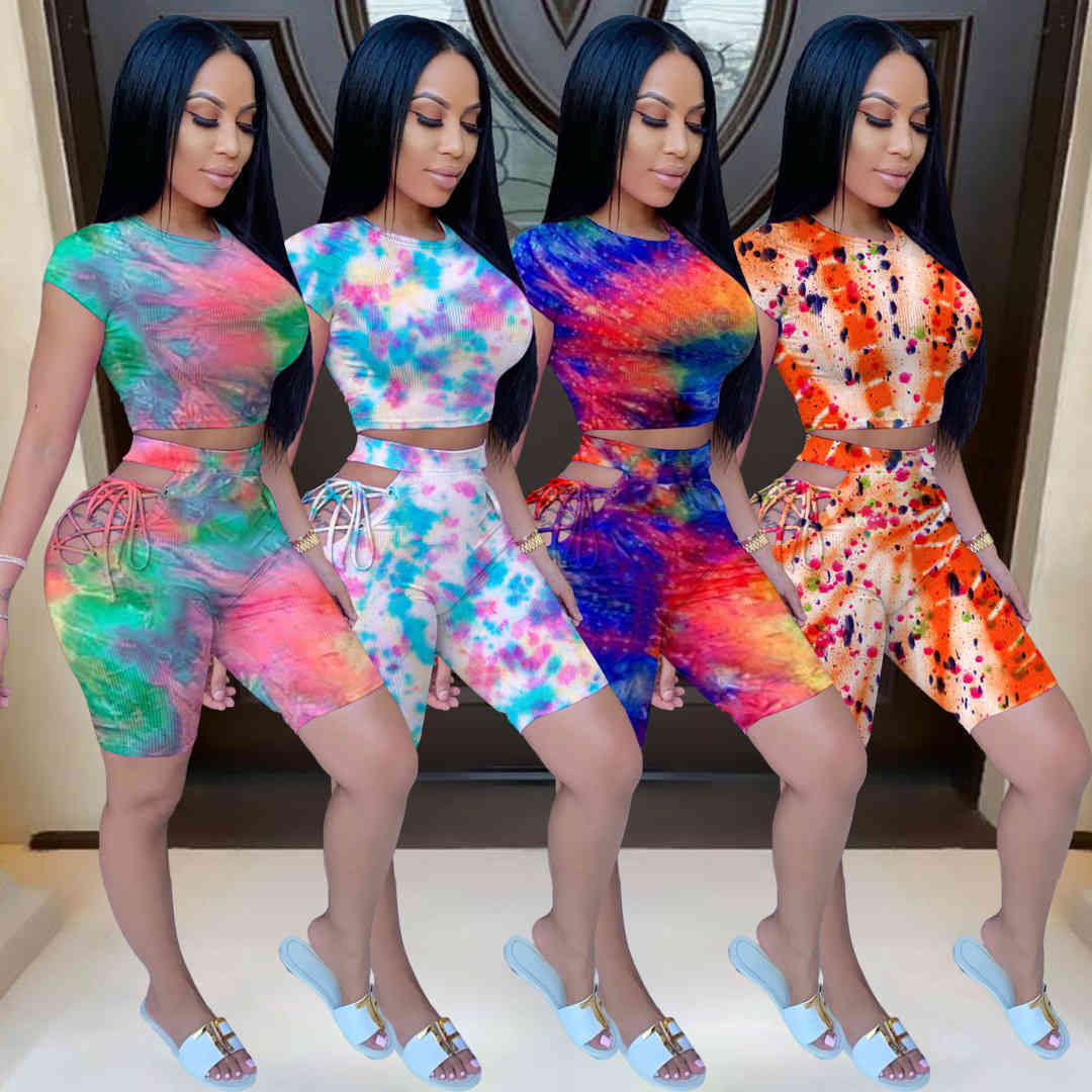 Women Designers Clothes 2023 Plus Size 2XL summer tracksuits two piece shorts set sportswear fashion tie dye hollow out Ladies casual Jogging suit
