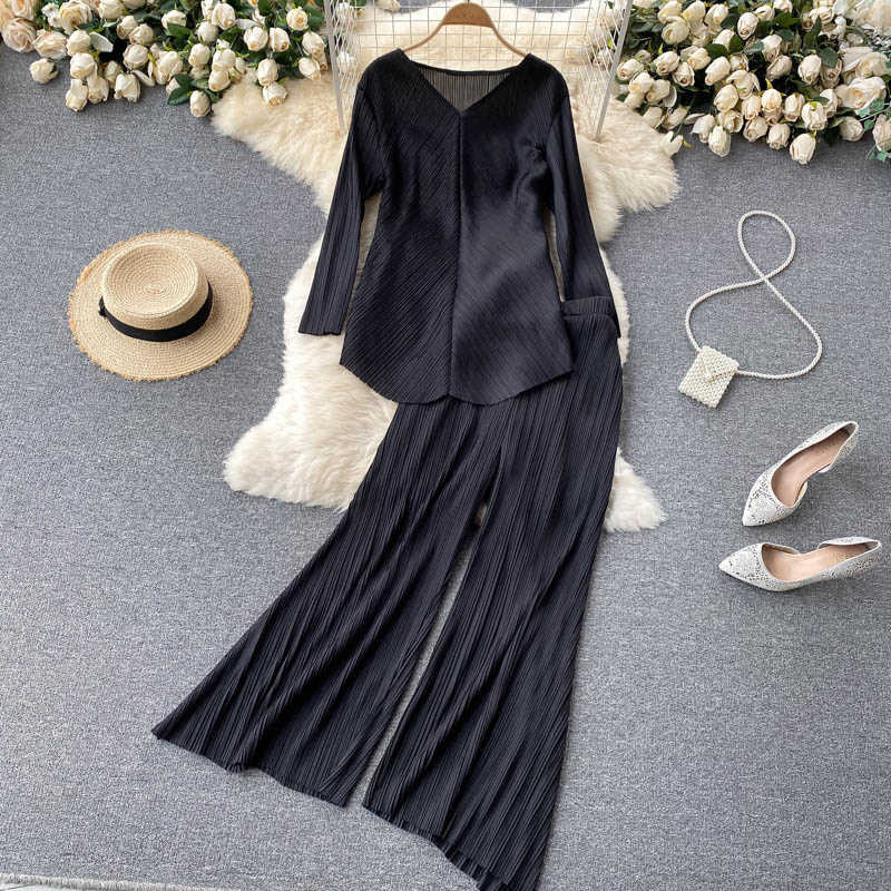 DEAT Women Pleated V-neck Top Long Pants Two Piece Set Fashion Temperament Spring Summer 11D1552 210709