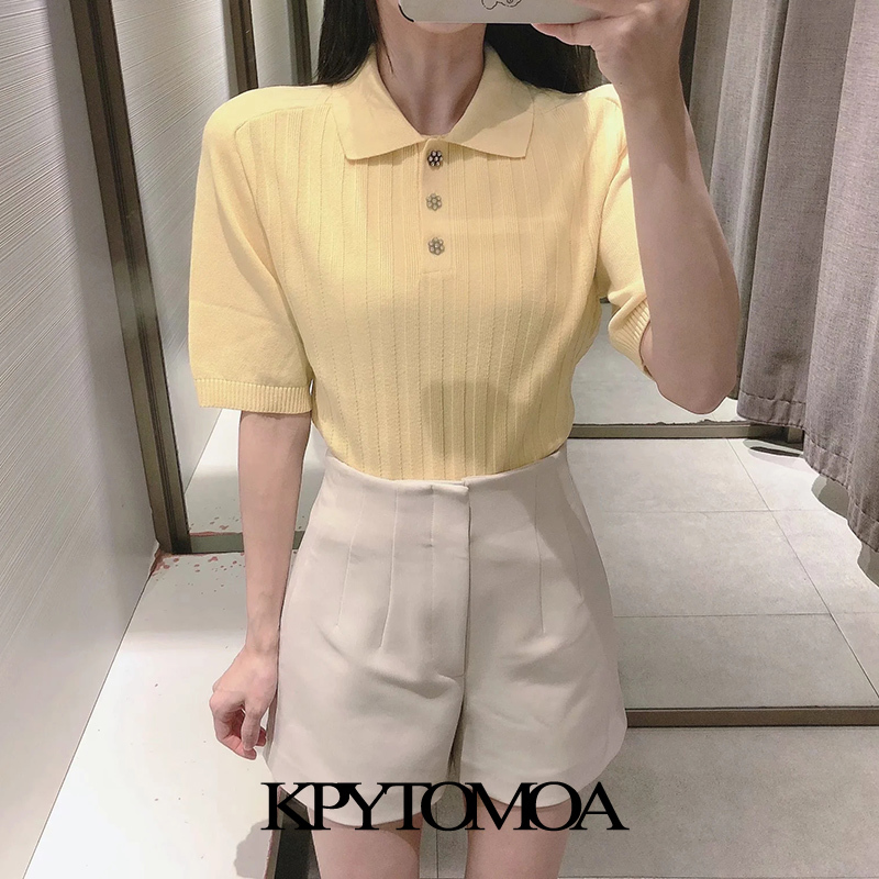 Women Fashion With Rhinestone Buttons Knitted Sweater Lapel Collar Short Sleeve Female Pullovers Chic Tops 210420