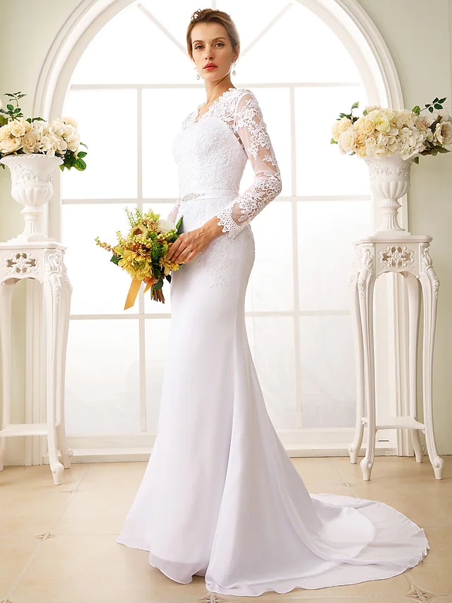2022 Bridal Gown Trumpet Wedding Dress V Neck Court Train Chiffon Floral Lace Long Sleeve Sexy See-Through Backless Illusion Vestido De Noiva Robe De 