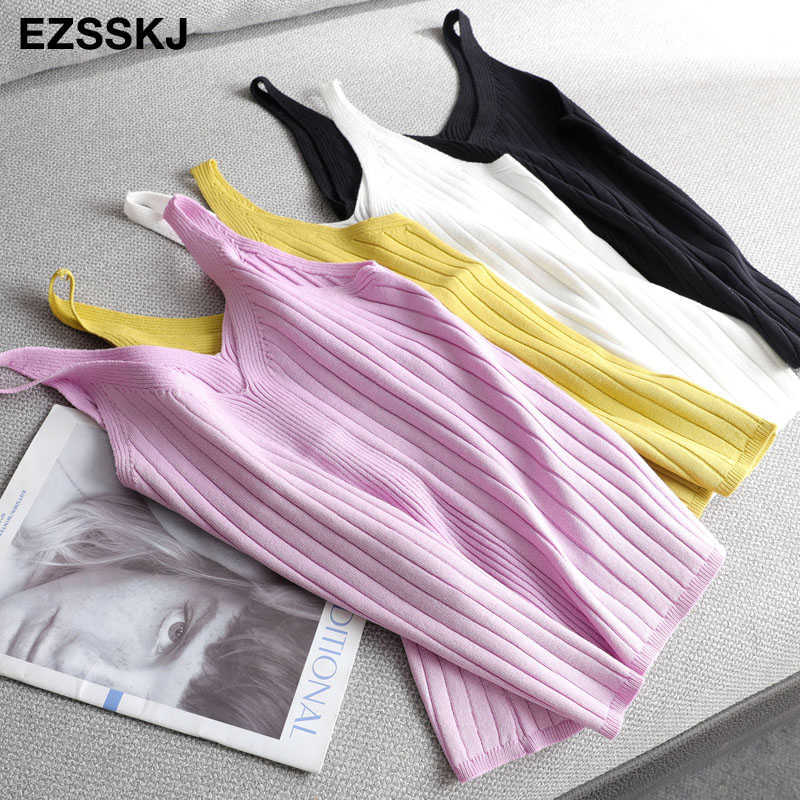 cotton v-neck knit camis Summer Slim Women BAISC Tops female short female Sexy solid casual sleeveless t-shirt top 210625