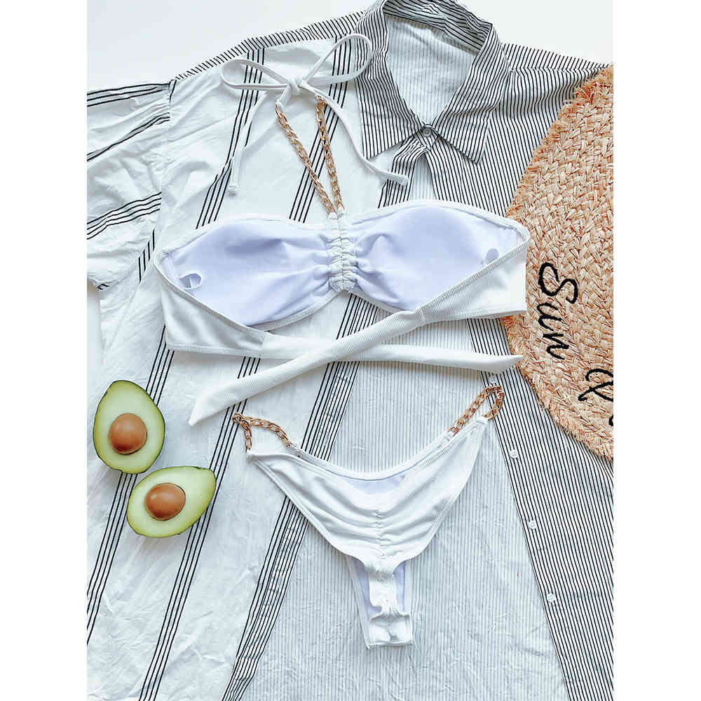 Sexy Chain Bikini Women Bandeau Push Up Swimwear Female White Swimsuit Two Pieces Set Bather Bathing Suit Beachwear 210521
