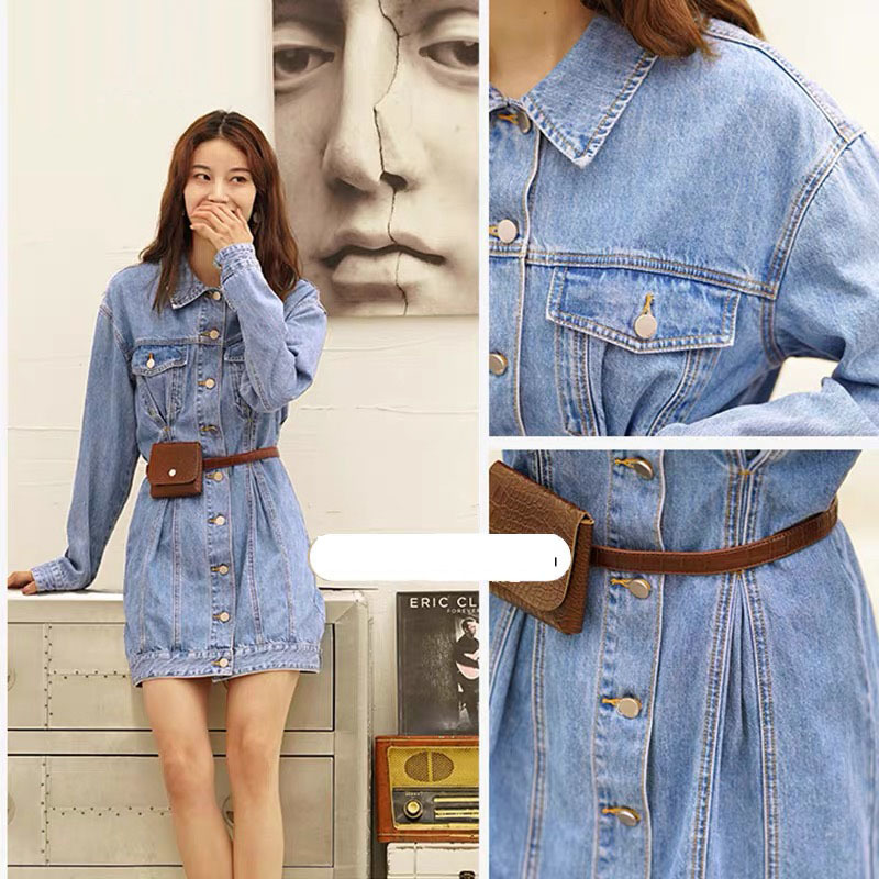 Long Sleeve Patchwork Dress Lace Up Split Elegant Casual Celebrity Women's Clothing With Belt Autumn Denim 210421