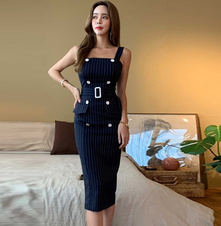 Double-breasted Belted Sheath Pencil Dress Women Summer stripe Dresses OL Business Work Wear To Office Vestidos 210519