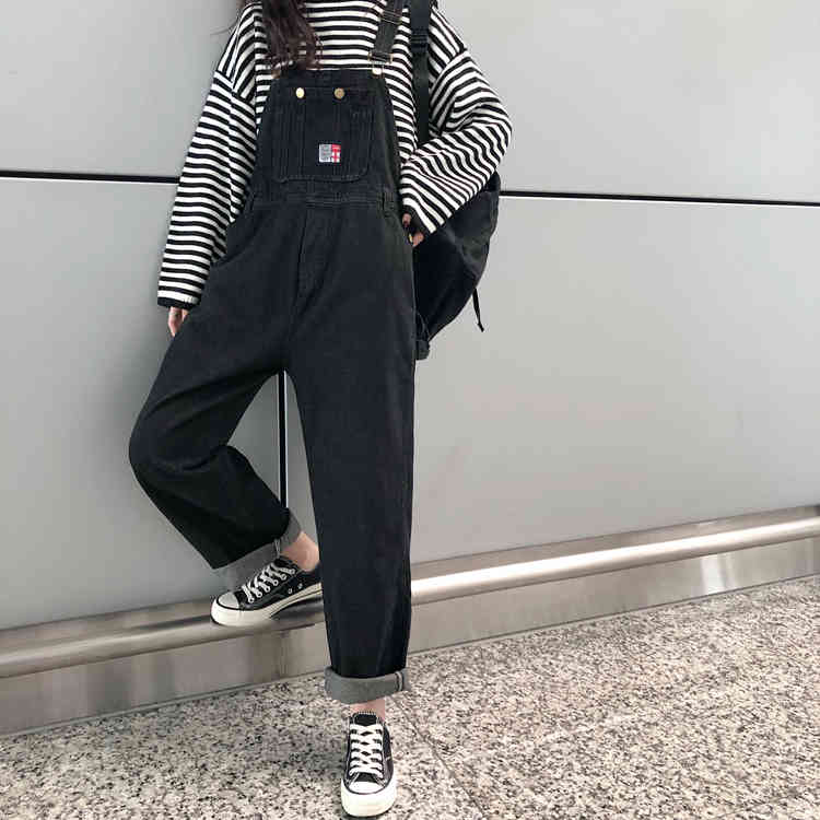 SML jeans womens autumn loose Black straight pants trousers jumpsuit korean casual loose denim overalls womens (72727 210423