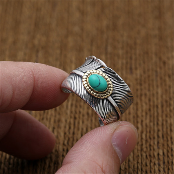 925 sterling adjustable Solitaire rings feather with turquoise stones American Europe antique handmade designer punk gothic Luxury jewelry accessories