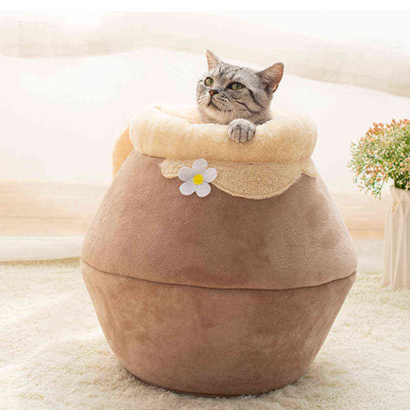 Winter Warm Cat Bed Plush Soft Portable Foldable Round Cute House Cave Sleeping Bag Cushion Pet Kittens Products Toy 211111
