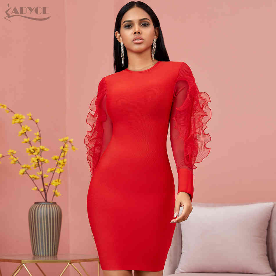 Autumn Lace Red Long Sleeve Bandage Dress Women Sexy Ruffles Black Club Celebrity Evening Party Dresses Vestidos 210423