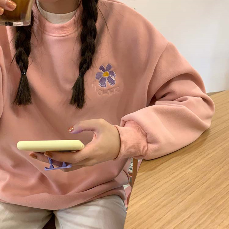 3 colors winter preppy style Women Sweatshirts Long Sleeve floral embroidery thick warm Sweatshirt Womens pullovers(F4163) 210423