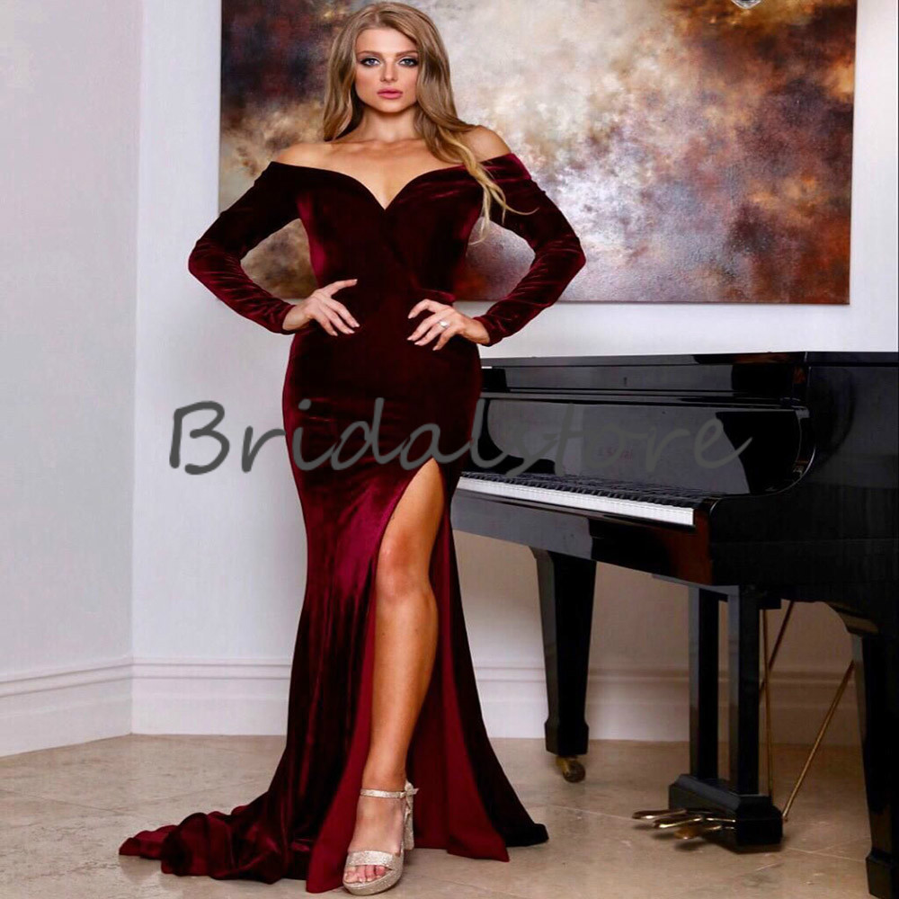 Chic Burgundy Mermaid Prom Dress With Slit Elegant Long Sleeve Velvet Plus Size Evening Dresses Vintage Formal Party Gowns South African robe de soiré