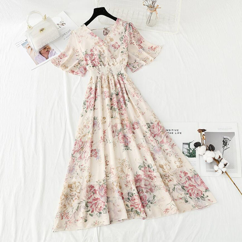 Summer Dress Women's Short sleeve Chiffon Dress V-neck Elastic Waist Floral Print Beach Long Dresses Backless Sexy Vestidos 210521