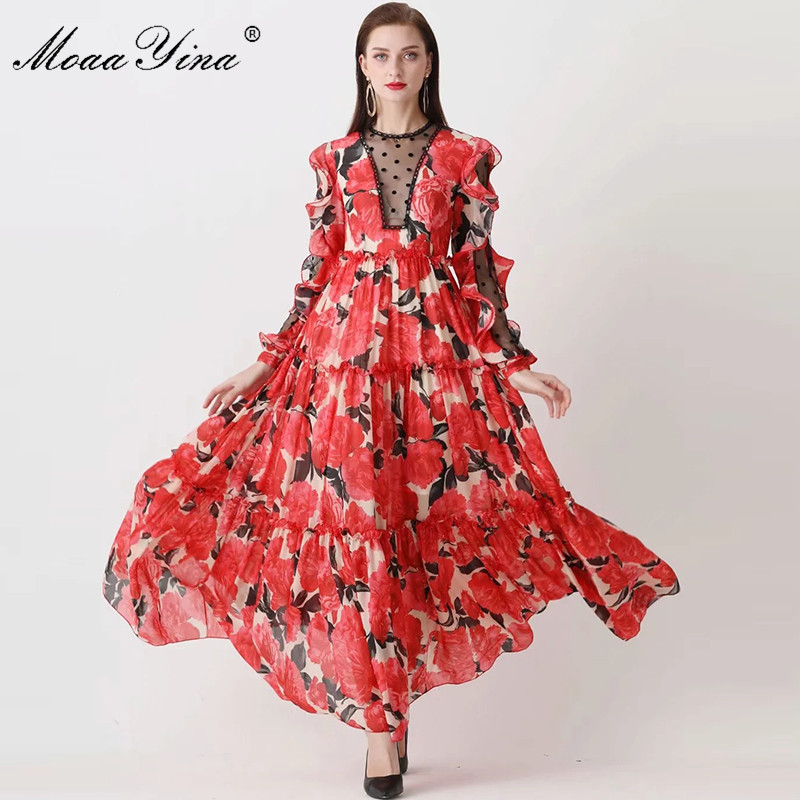 Runway Spring Party Maxi Dresses Women's Elegant Ruffles Long Sleeve Red Flower Print Custom Plus Size Dress S-5XL 210524